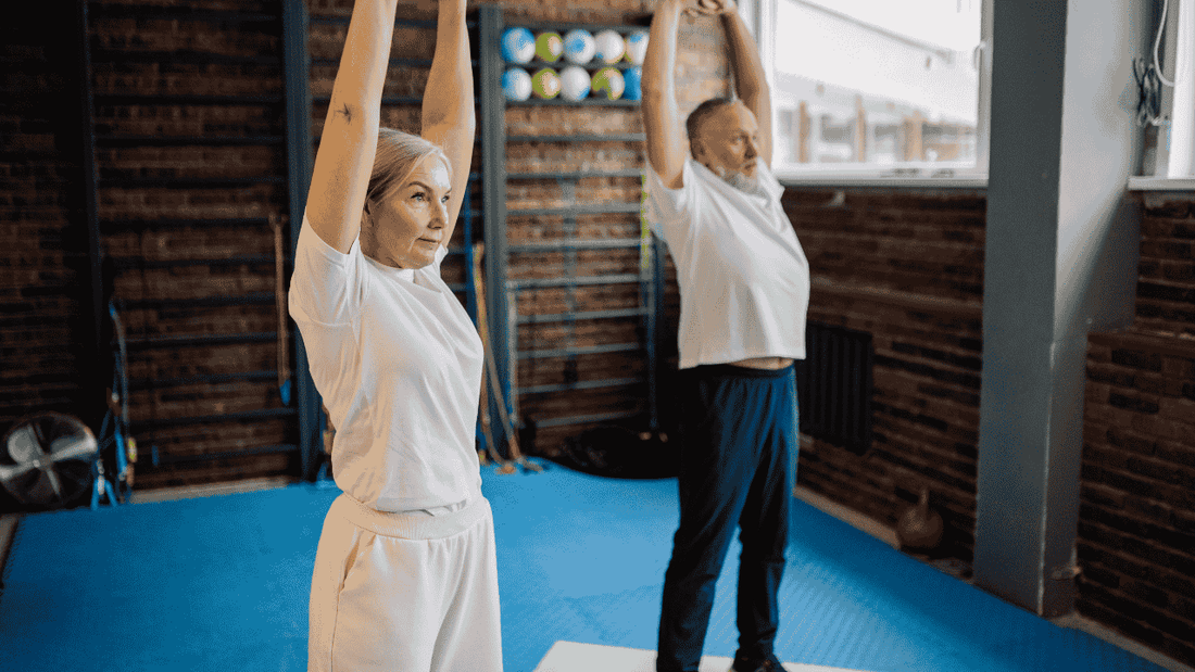 senior couple doing joint flexibility exercises